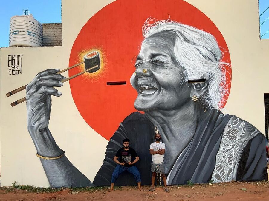 Auroville mural by 108 Collective, painted for aurovillian unit (view 1)